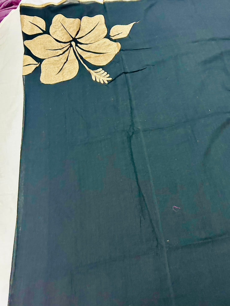 Black Mul Cotton Hand Painted Hibiscus Print Saree
