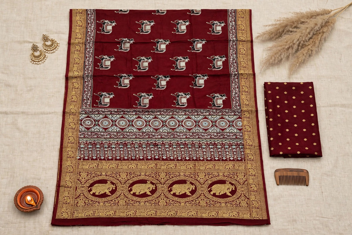 Maroon Ajrak Dola Silk Saree