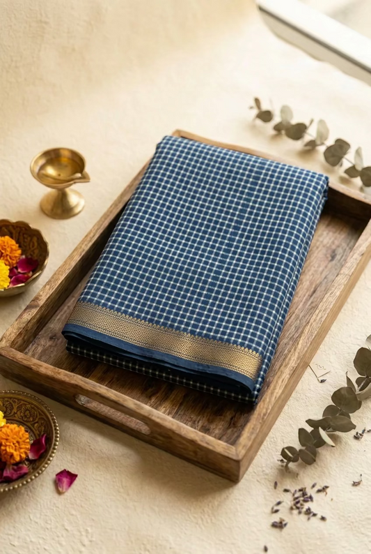 Indigo Maheshwari Handblock Printed Cotton Silk Saree