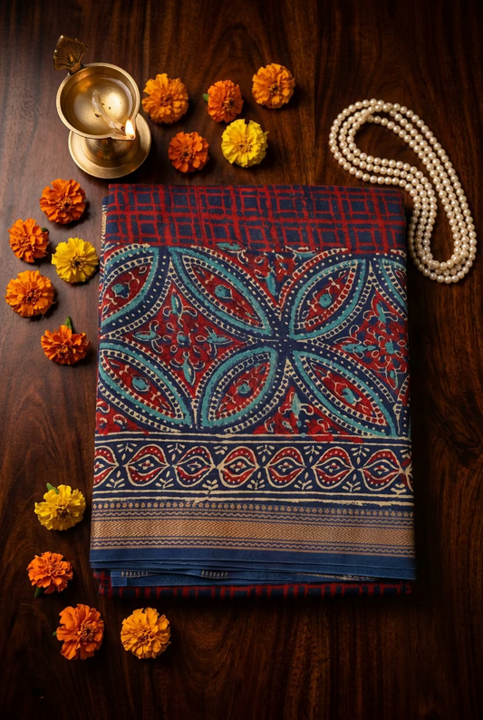Indigo Maheshwari Handblock Printed Cotton Silk Saree