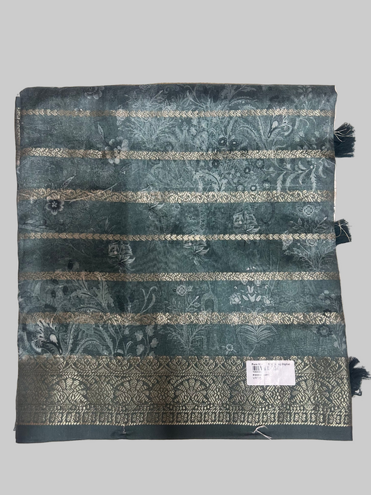 GOLDEN KALMKARI PRINT SAREE GREEN GOLDEN STRIPES