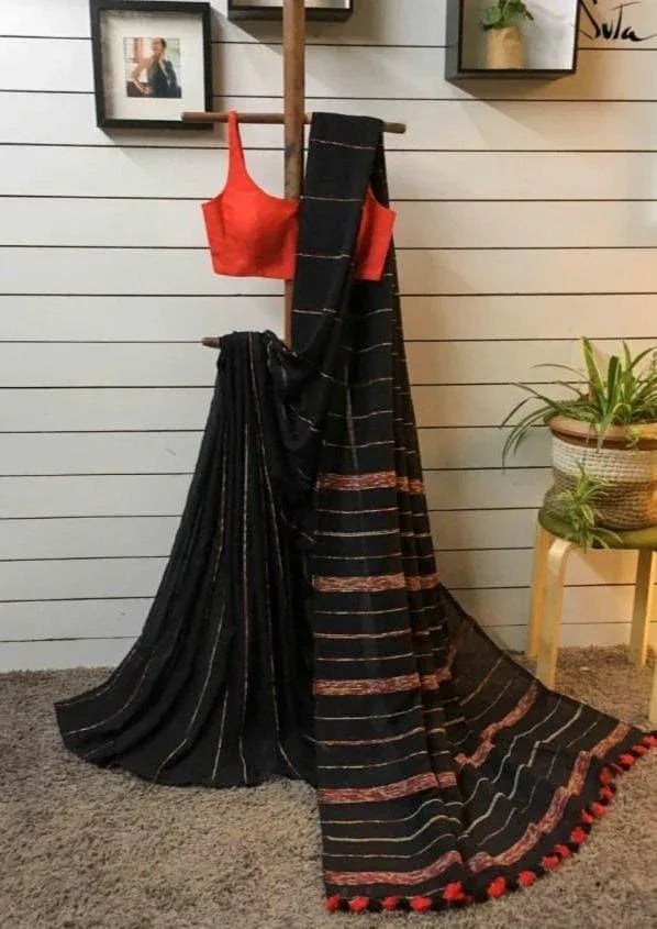 Black Handloom Cotton saree - praasam