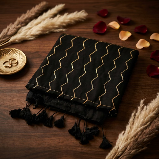 Black Mul Cotton Sareee with zigzag Sequence
