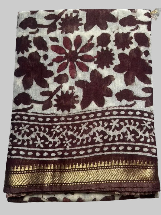 Brown Maheshwari Handblock Printed Cotton Silk Saree