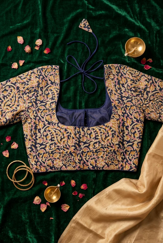 Beige Cotton Kalmkari Side Elastic Blouse