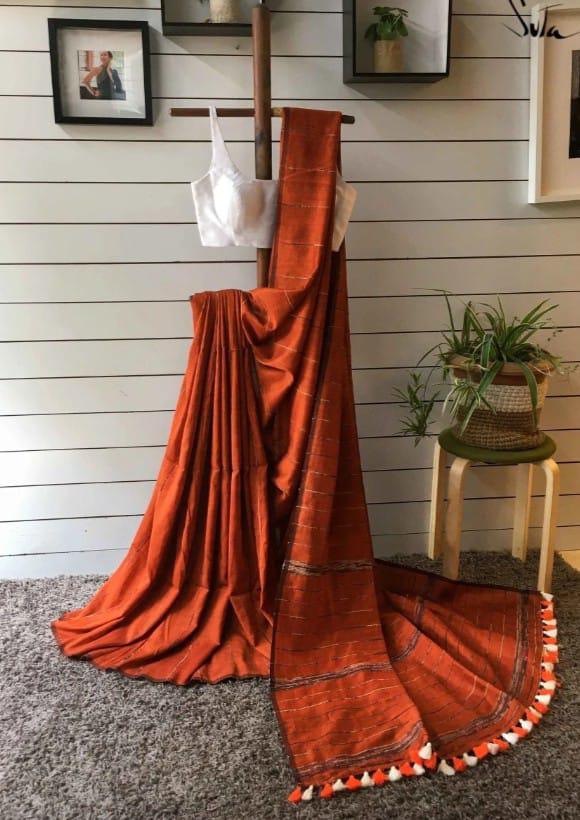 Brick red Handloom Cotton saree - praasam