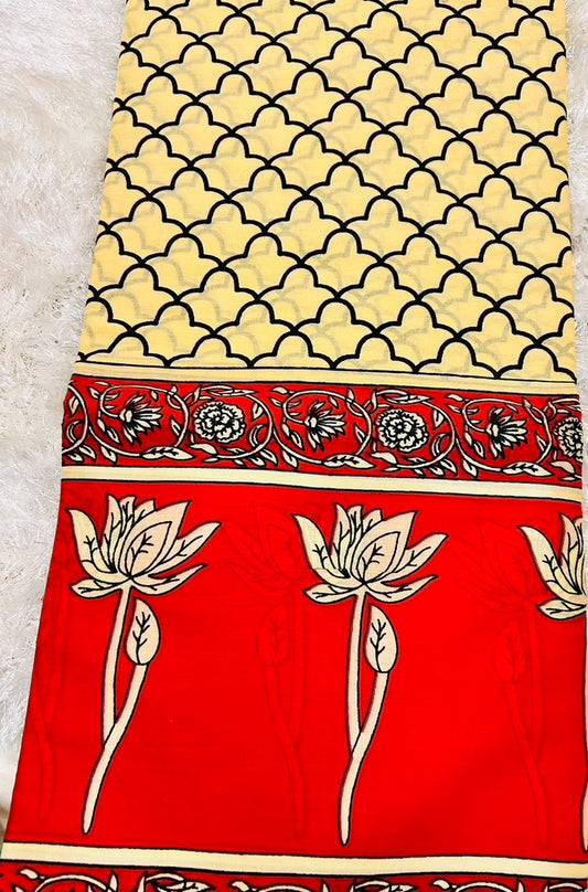 Beige and red cotton printed saree