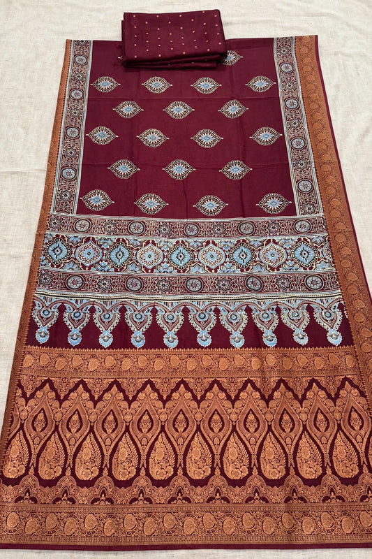 Maroon Ajrak Dola Silk Saree