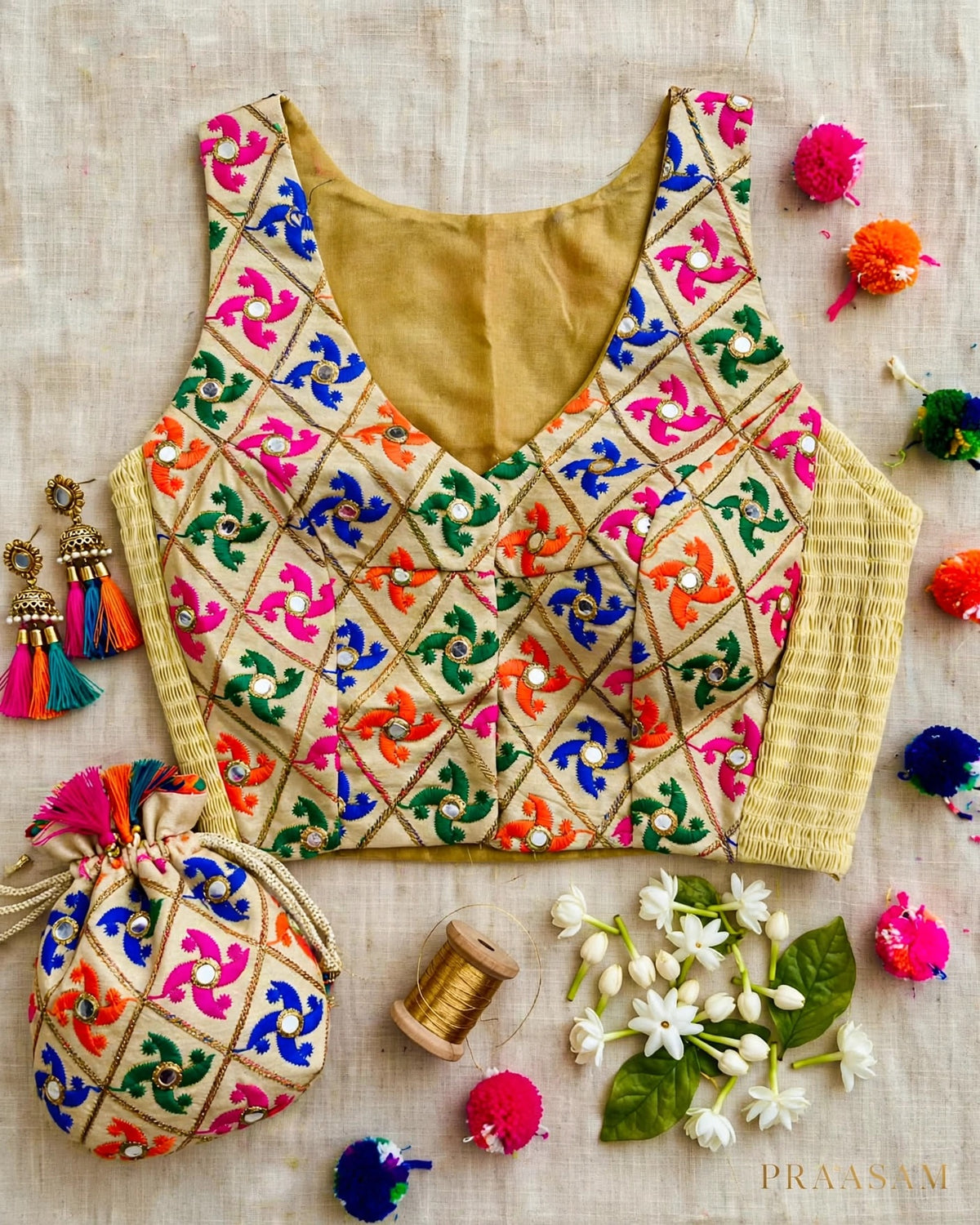 Gold Embroidered Side Elastic Sleeveless Blouse