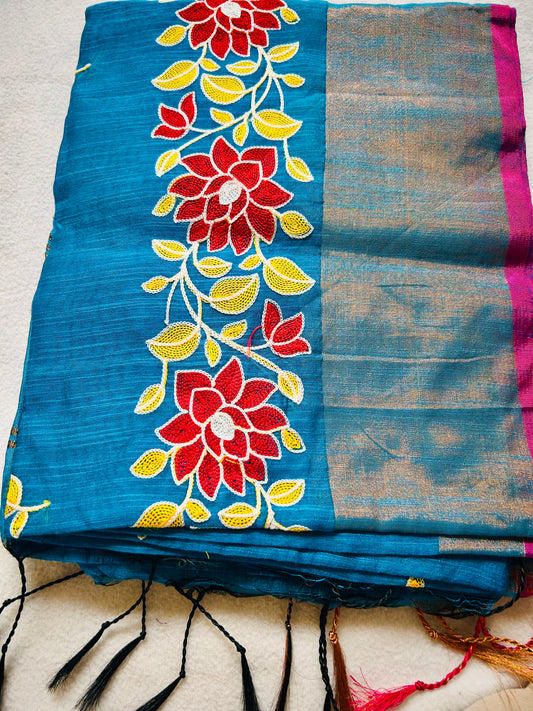 Blue Embroidered Slub Cotton Sari