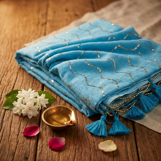 Blue Mul Cotton Saree with zigzag Sequence
