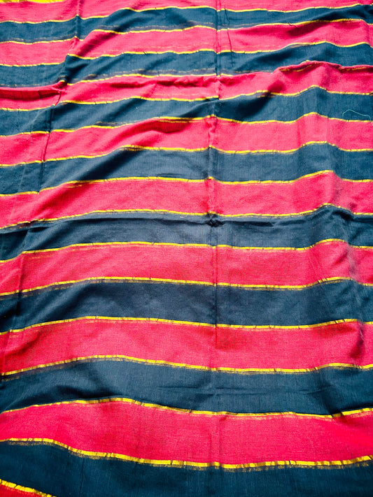 Red and Black Stripes Mul Cotton Sari