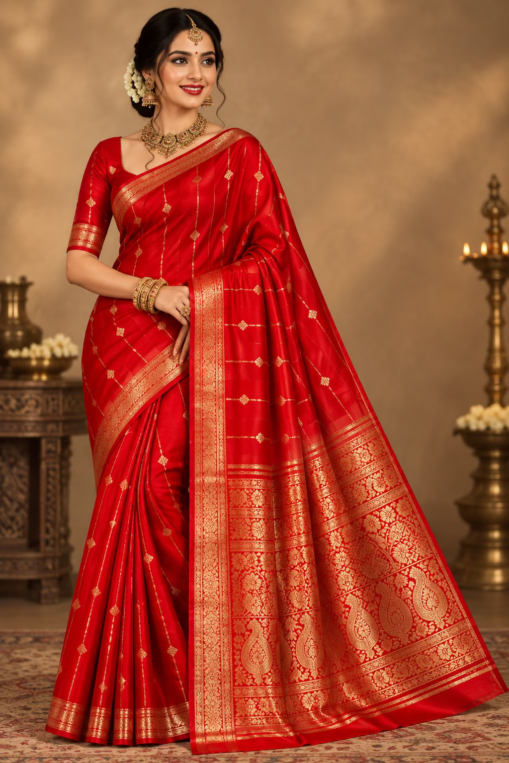 Green Gajji Silk Semi Silk Saree with line and buti