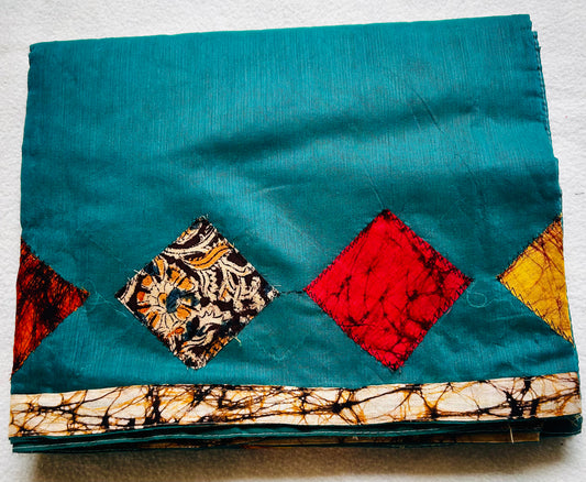 Teal blue patch work cotton seeko saree