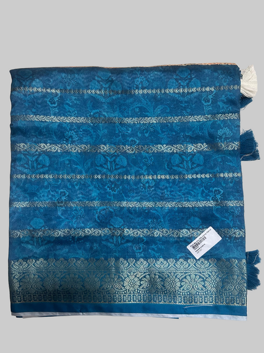 TEAL BLUE KALAMAKARI PRINT SAREE