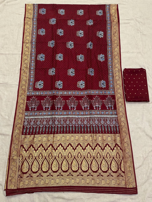 Maroon Ajrak Dola Silk Saree