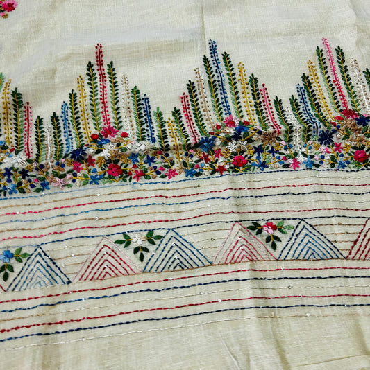 Linen Tissue Sare with Hand Embroidery