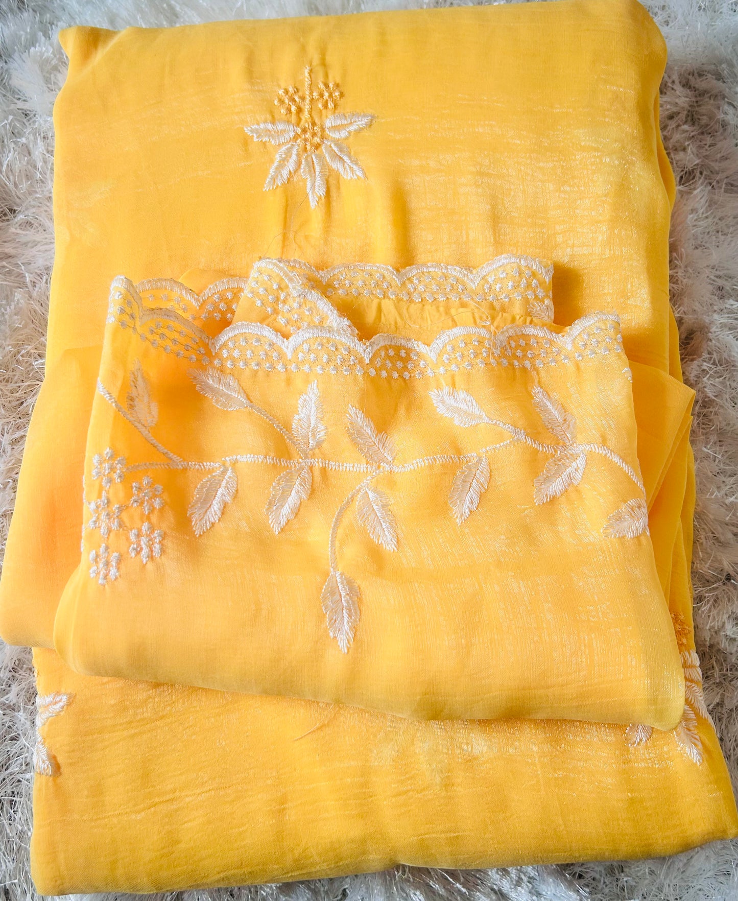 Yellow embroidered scallop edge work Saree