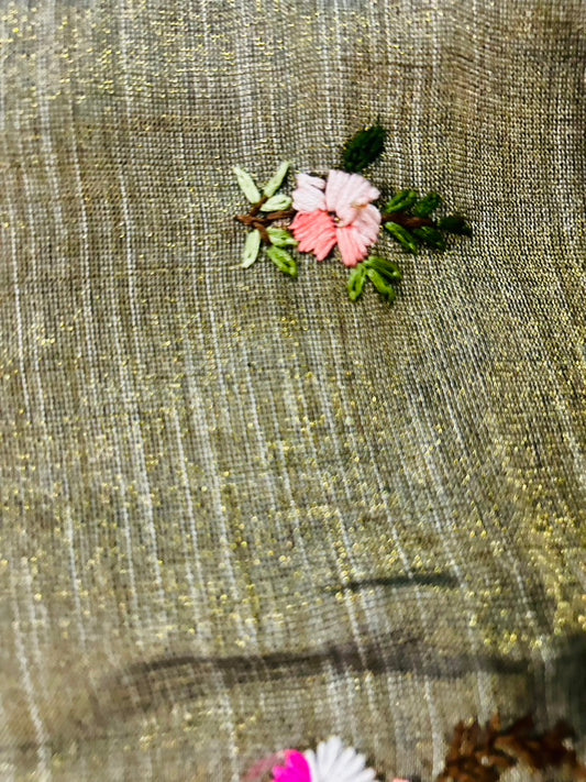 Linen Tissue Sare with Hand Embroidery