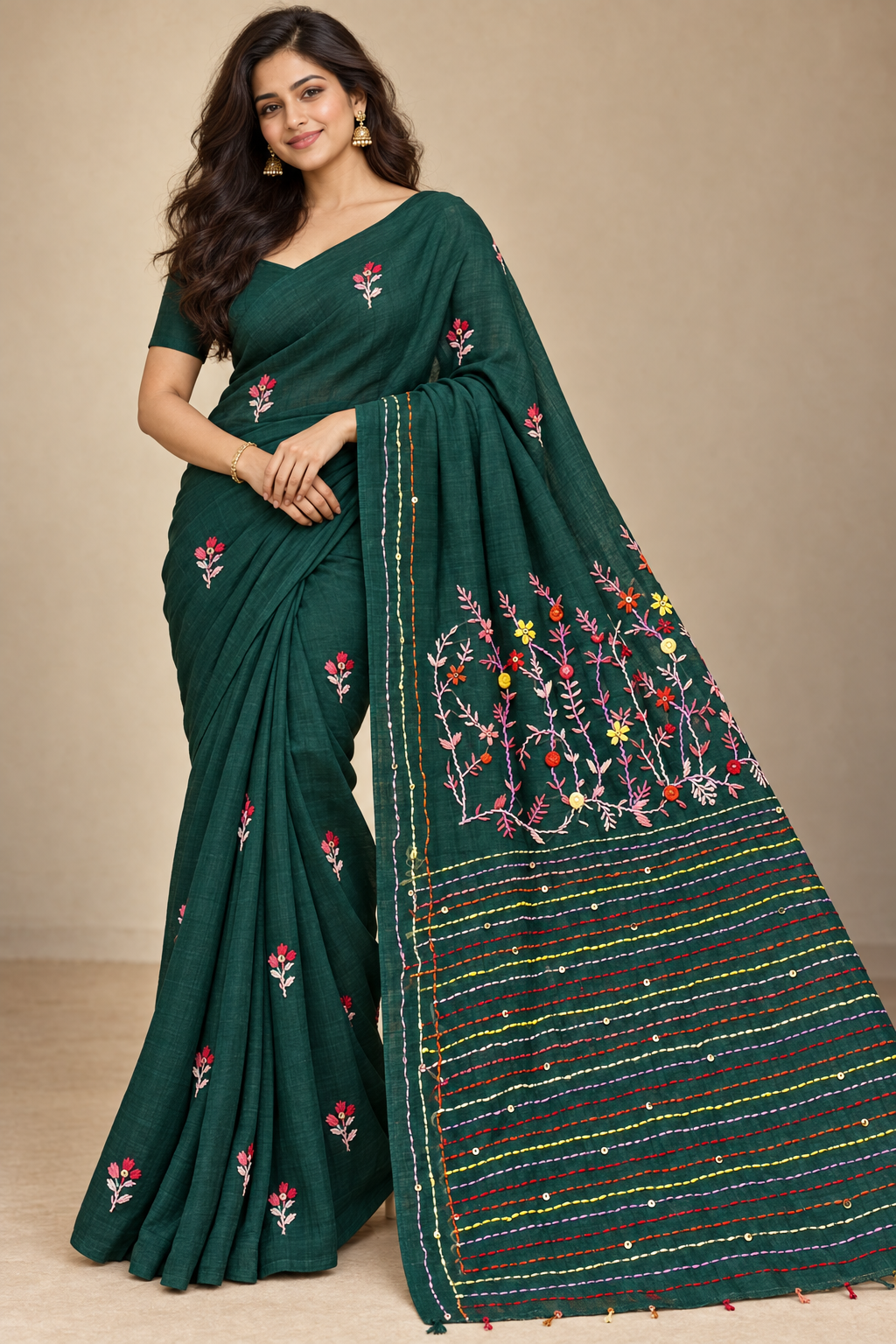 Black Mul Cotton Hand Embroidered Saree