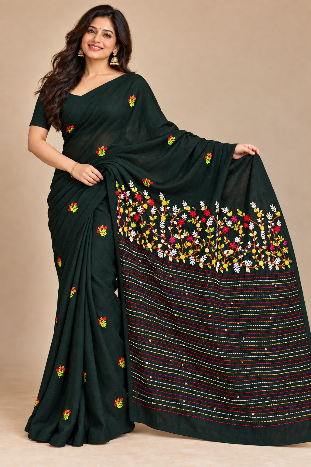 Green Mul Cotton Hand Embroidered Saree