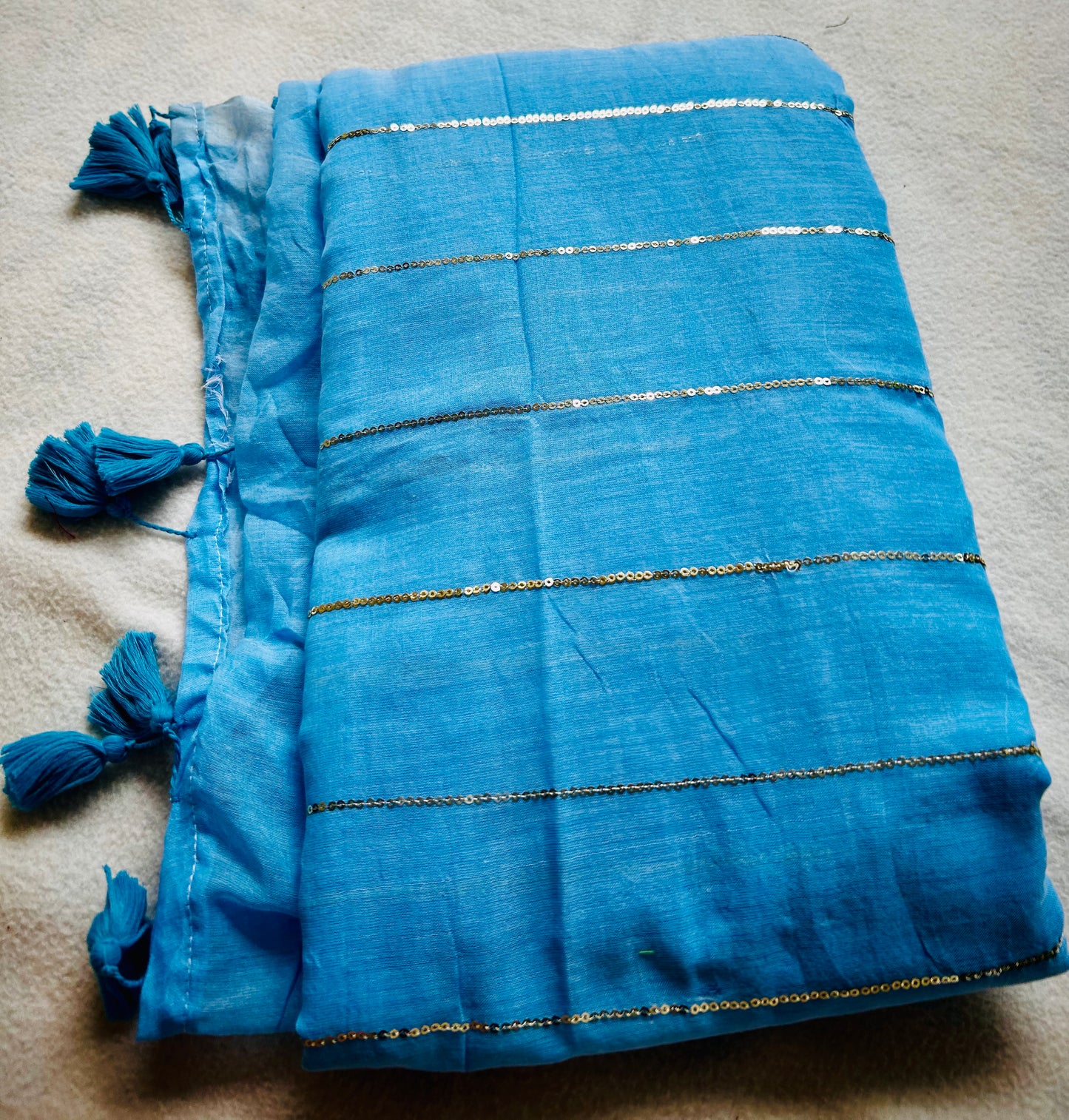 Blue sequenced mul cotton saree