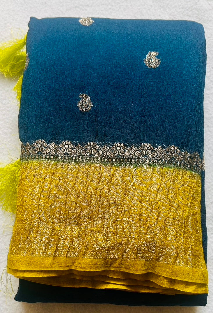 crush crape sare Teal and mehandi green