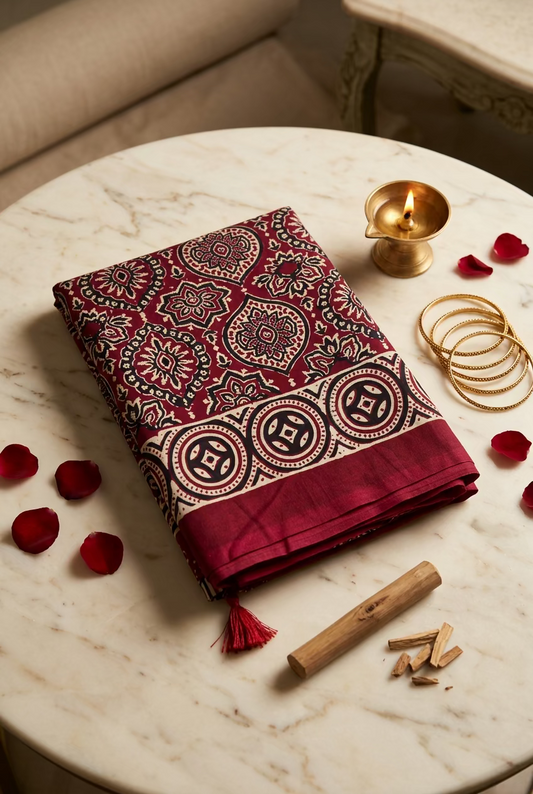 Maroon badam butti Modal Silk Saree