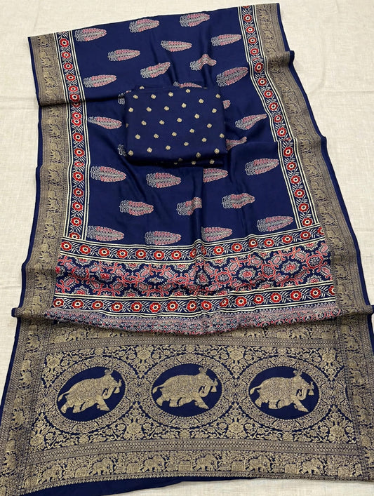 Blue Ajrak Dola Silk Saree