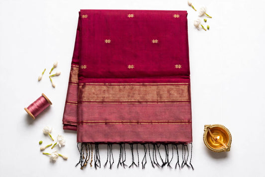 Maheshwari Cotton Silk Onion Color and Maroon Handloom Saree