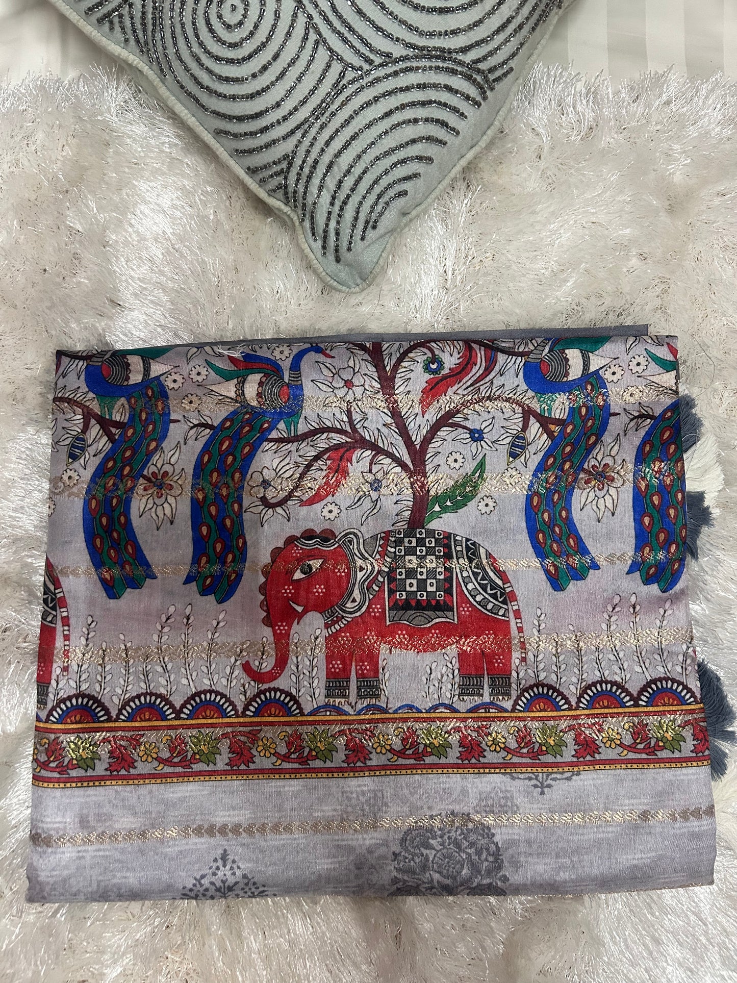 GREY KALMKARI PRINT SAREE