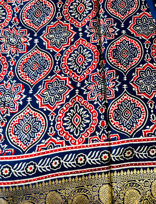 Blue Ajrak Dola Silk Saree