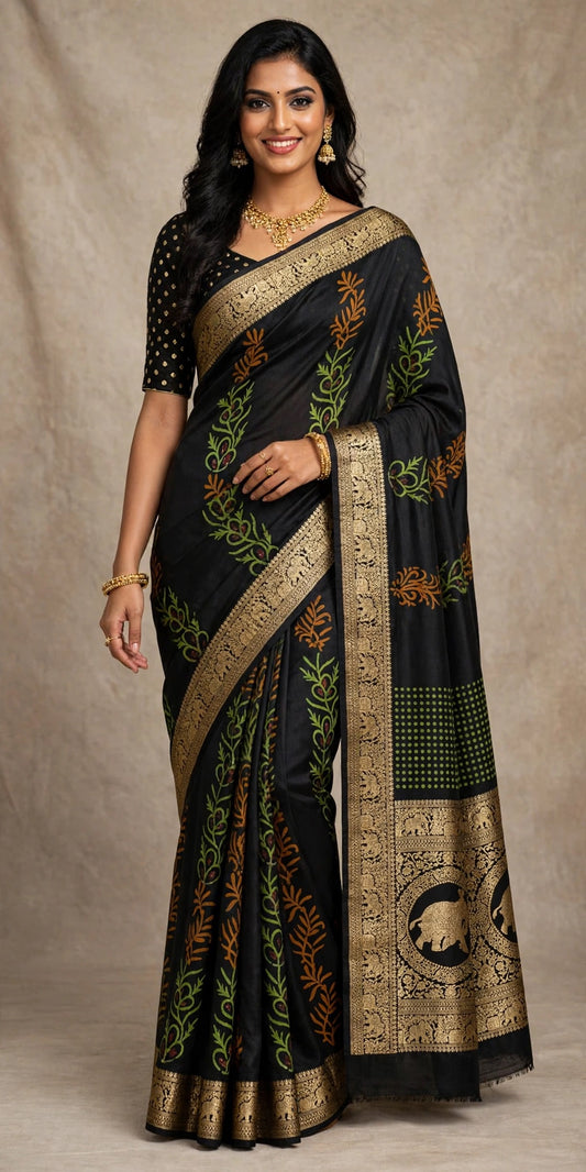 Blue Ajrak Dola Silk Saree
