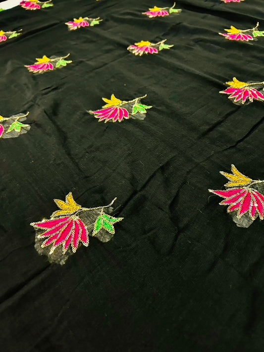Black Mul Cotton Sare with Lotus Sequence Motive