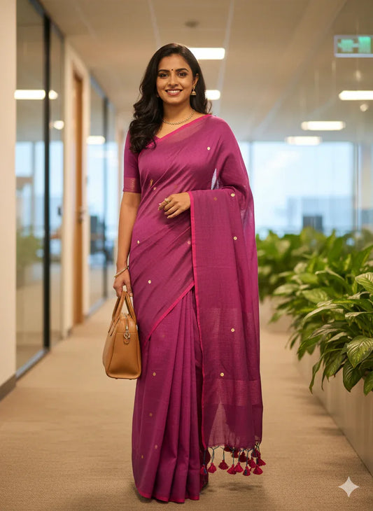dual tone magenta mul cotton saree - praasam