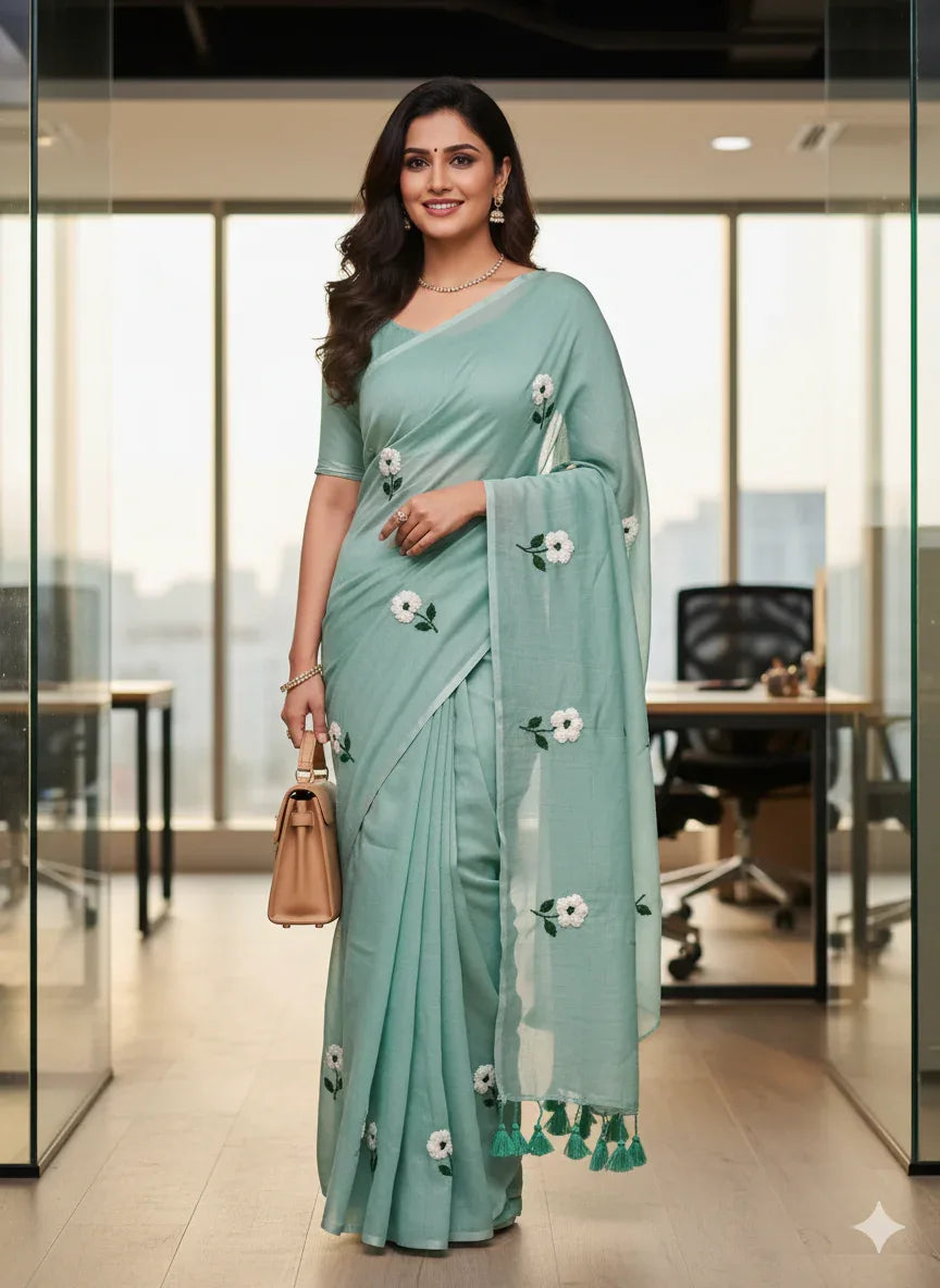 Mulcotton sea green saree - praasam