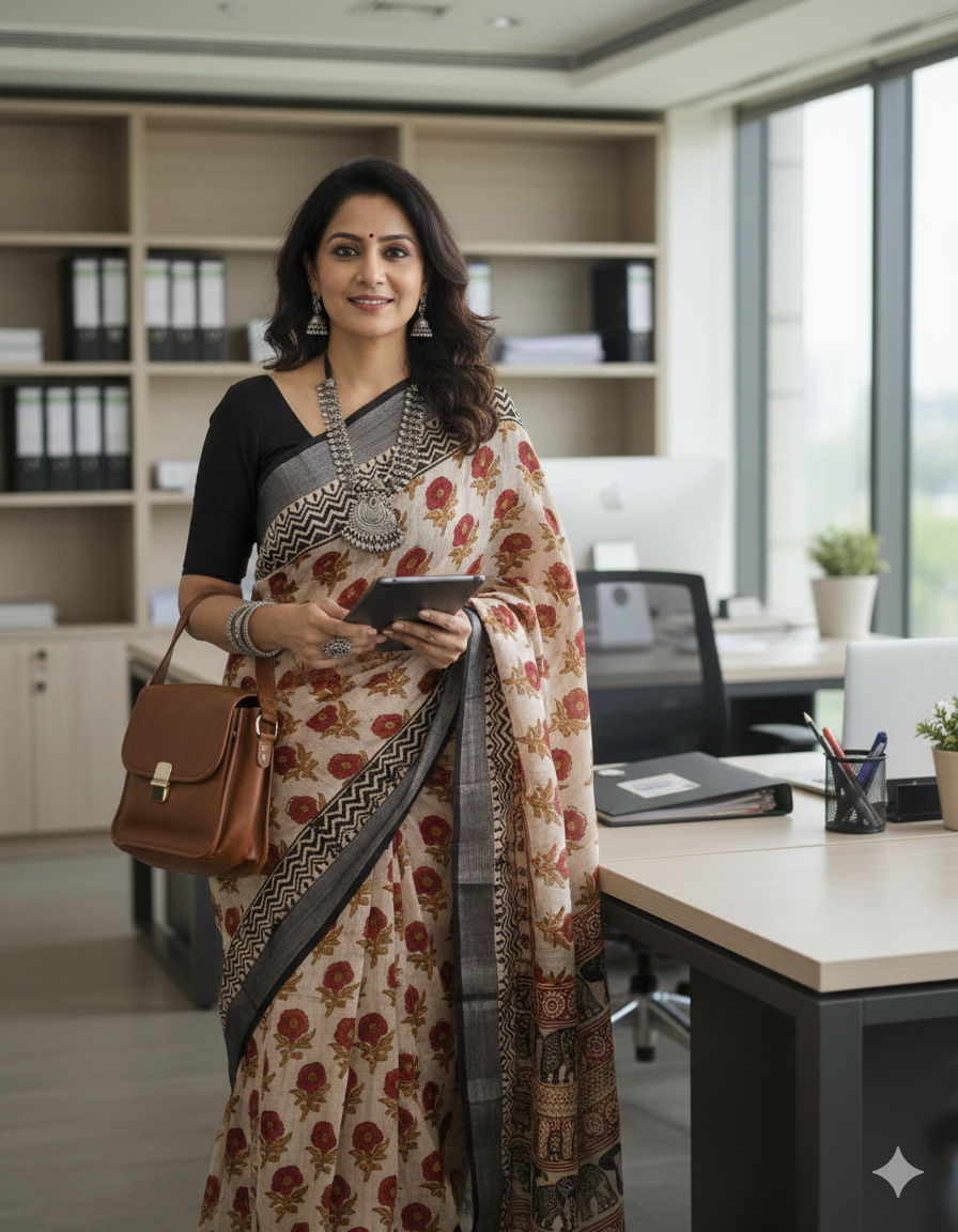 Beige and red floral print handblock printed linen saree