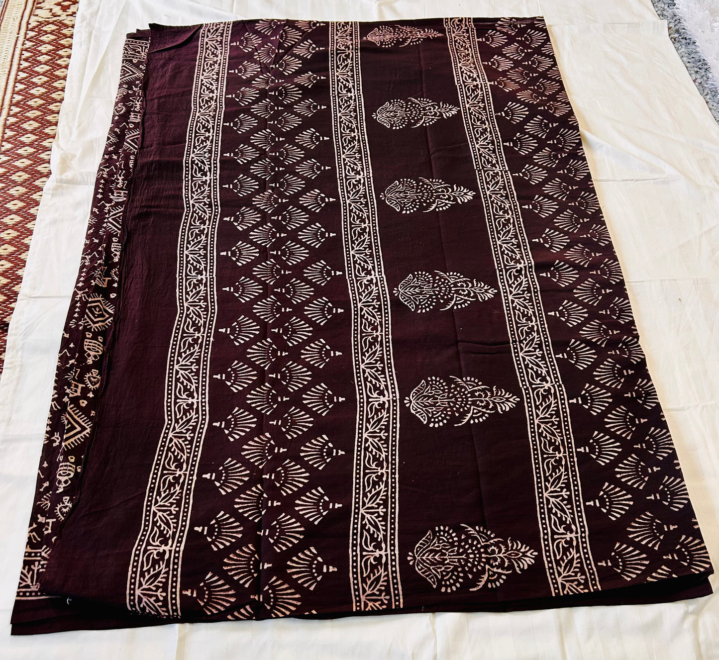 Brown and beige cotton hand block printed saree