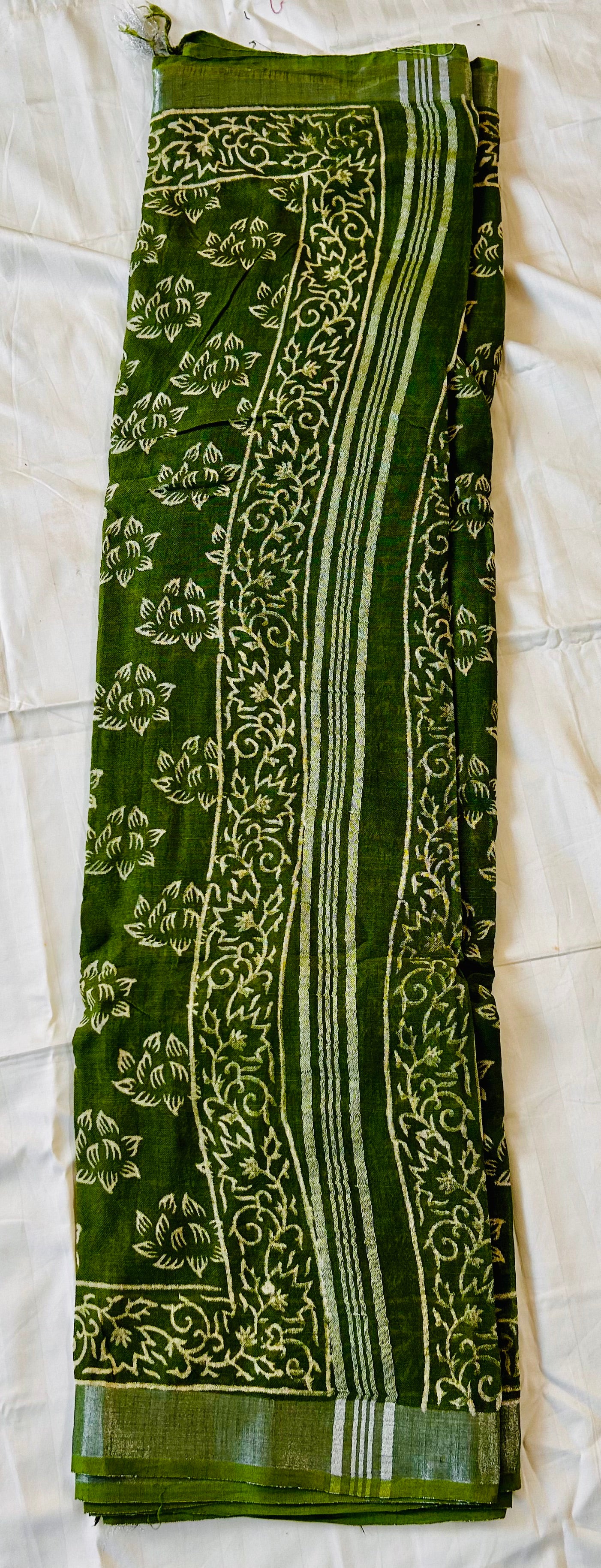 Green floral print handblock printed linen saree