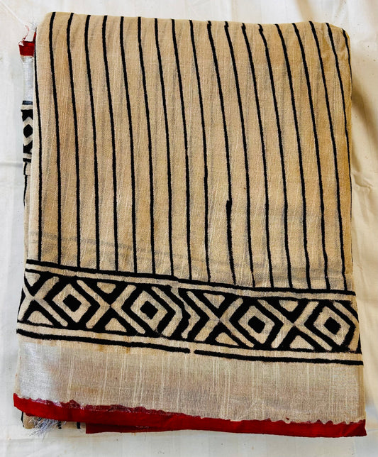 Beige with black and brick red handblock printed linen saree