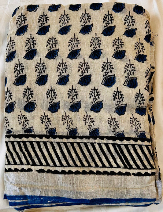 Blackfloral print handblock printed linen saree