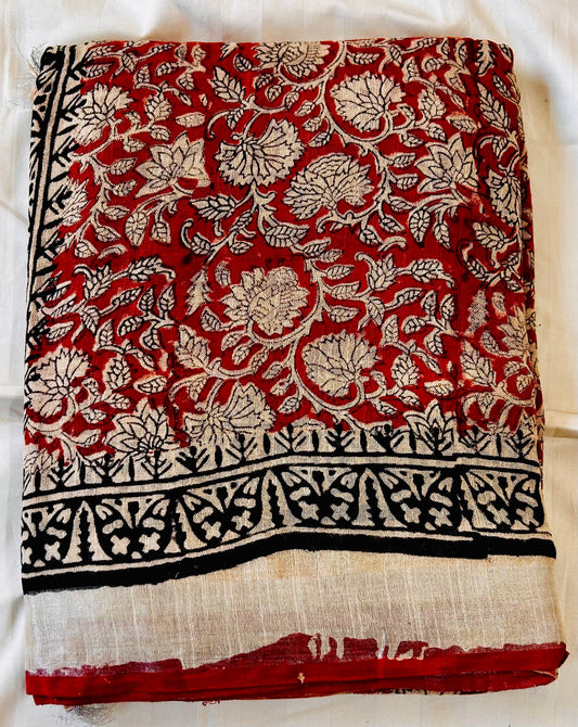Brick red floral print handblock printed linen saree
