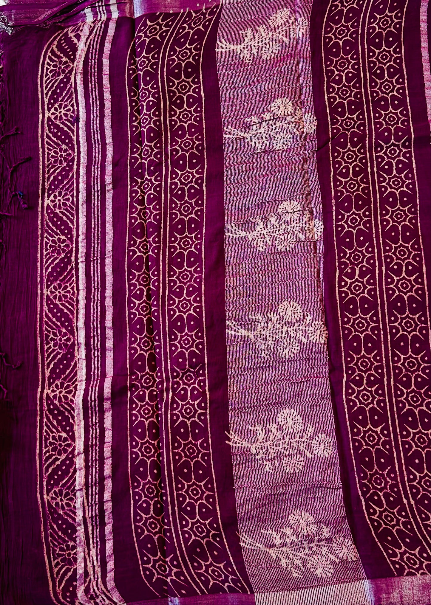 Black floral print handblock printed linen saree
