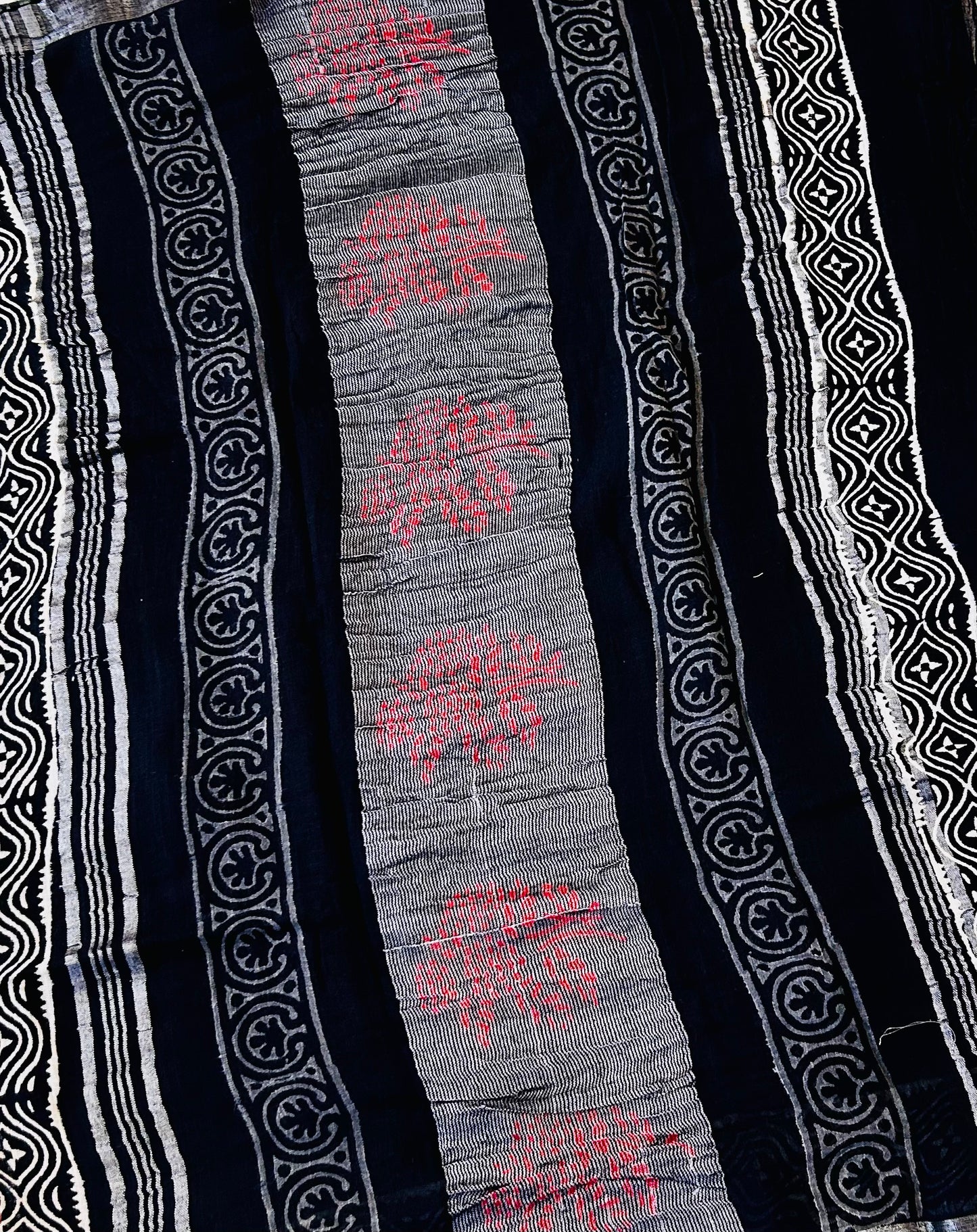 Black handblock print linen saree