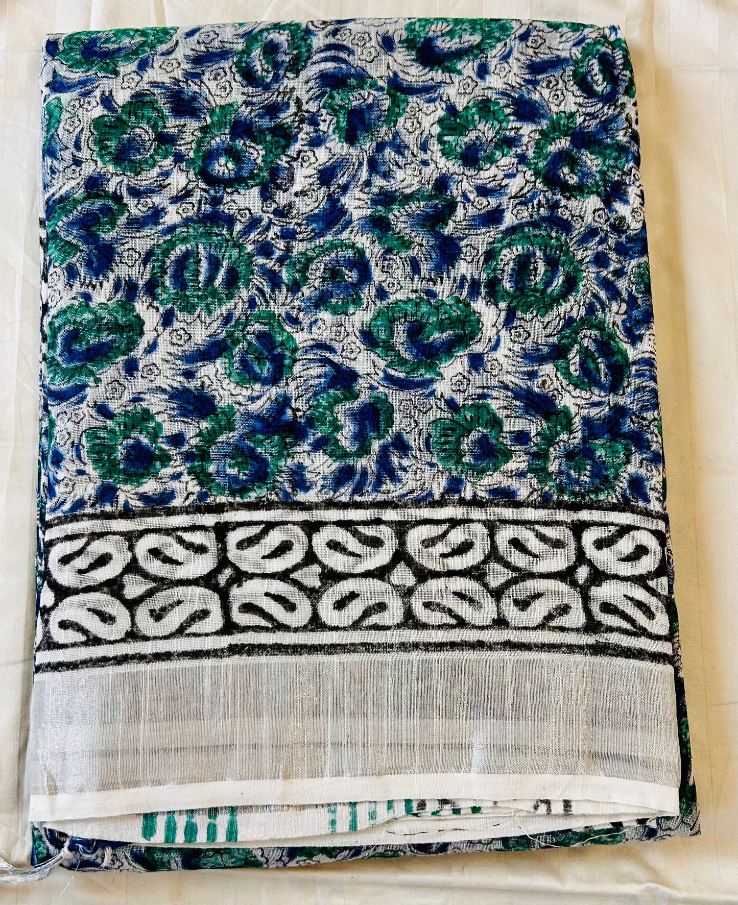 White and blue floral print handblock printed linen saree