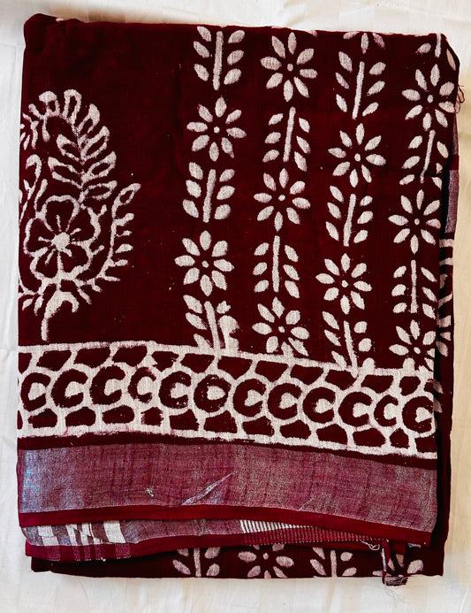 Maroon handblock printed linen saree