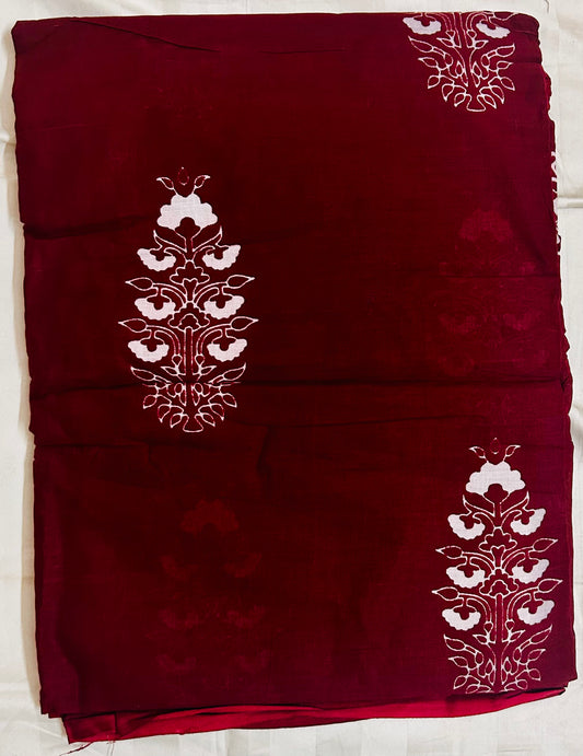 Maroon and white cotton hand block printed saree