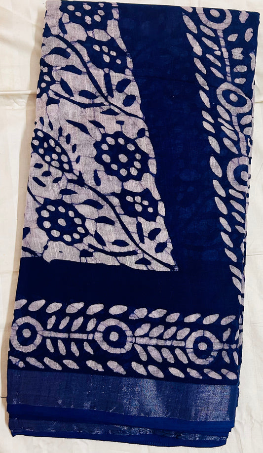 Indigo handblock printed linen saree