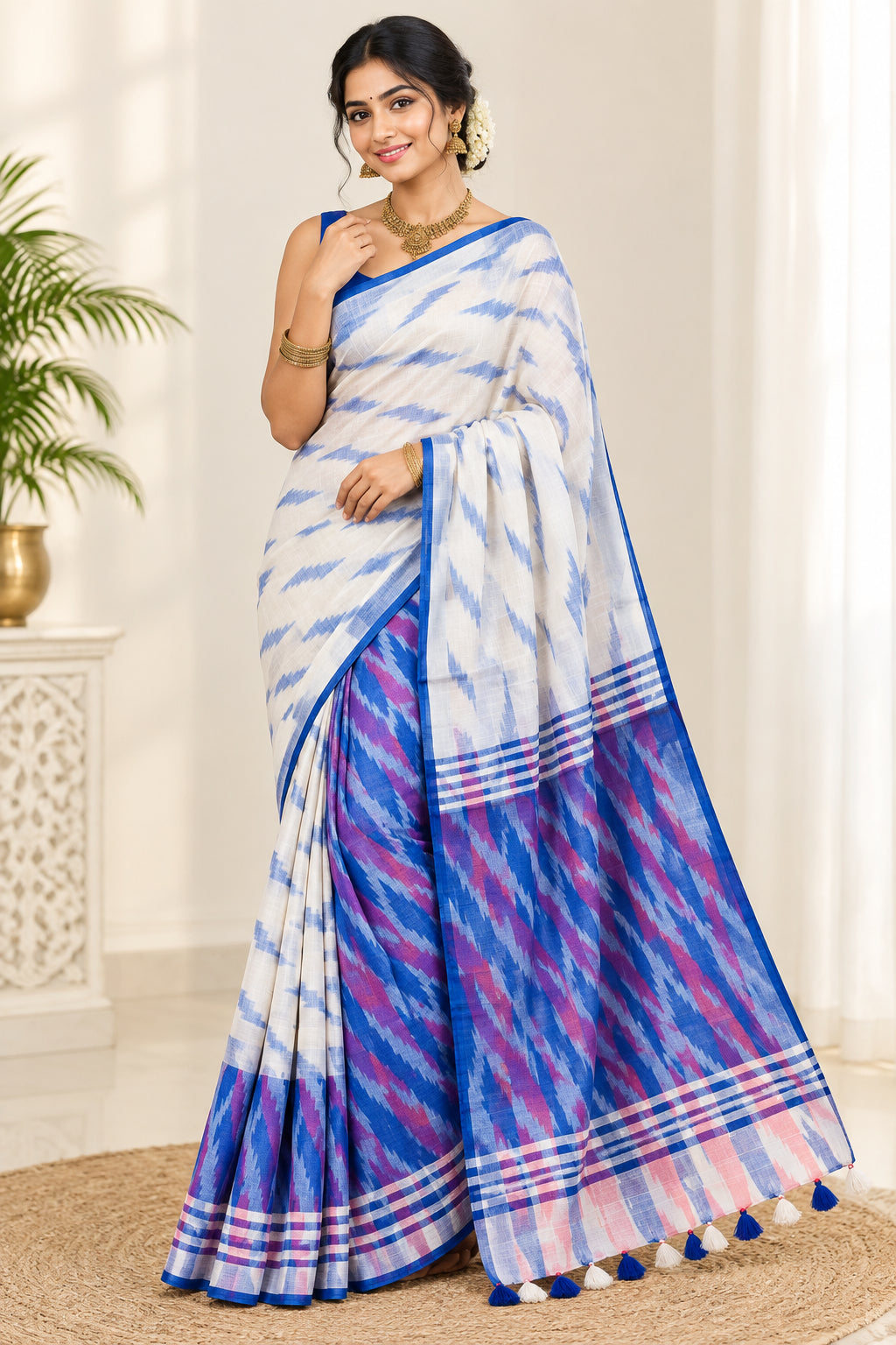 Cotton lenin White and blue Kotki print Saree - praasam