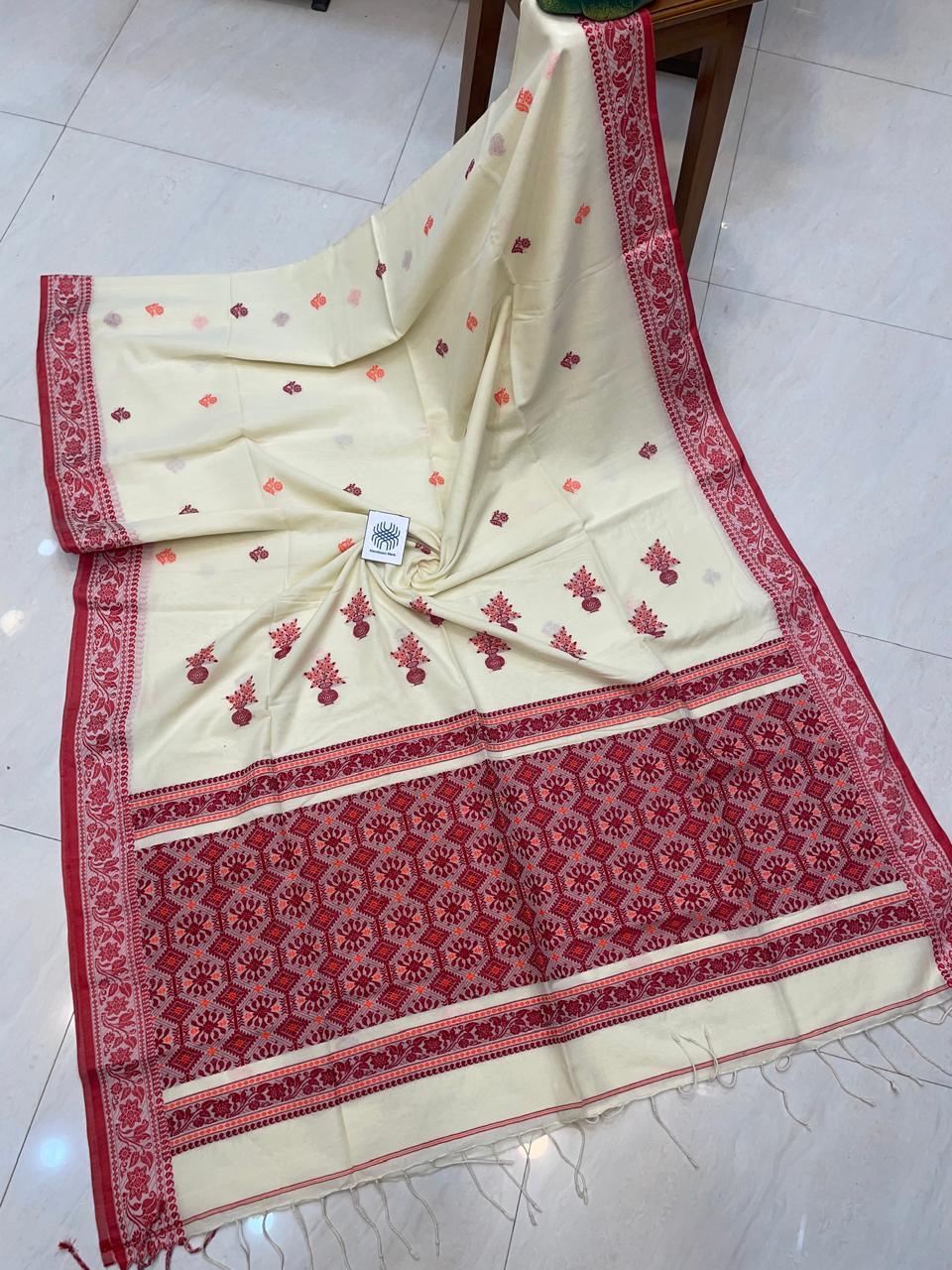 pure cotton jamdani beige and red saree - praasam